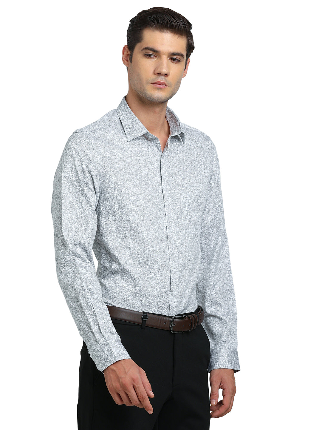 100% Cotton Grey Printed Slim Fit Full Sleeve Formal Shirt