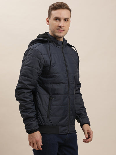 Nylon Solid Navy Zipper Hooded Windcheater Jacket