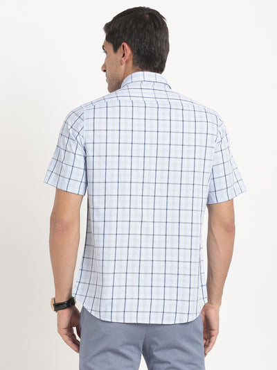 100% Cotton Sky Blue Checkered Slim Fit Half Sleeve Casual Shirt