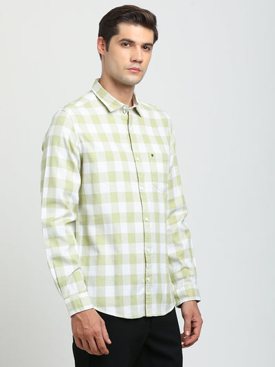 100% Cotton Pista Checkered Slim Fit Full Sleeve Casual Shirt