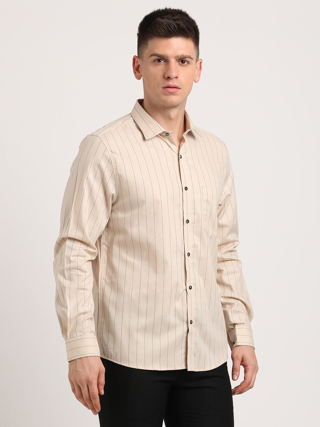 100% Cotton Beige Striped Slim Fit Full Sleeve Formal Shirt