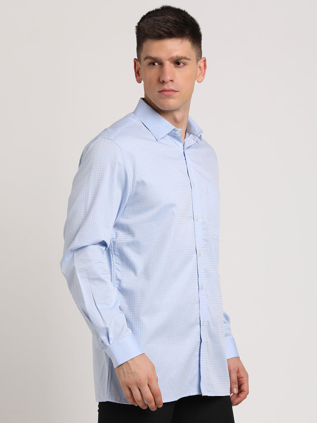 Giza Cotton Light Blue Checkered Regular Fit Full Sleeve Formal Shirt