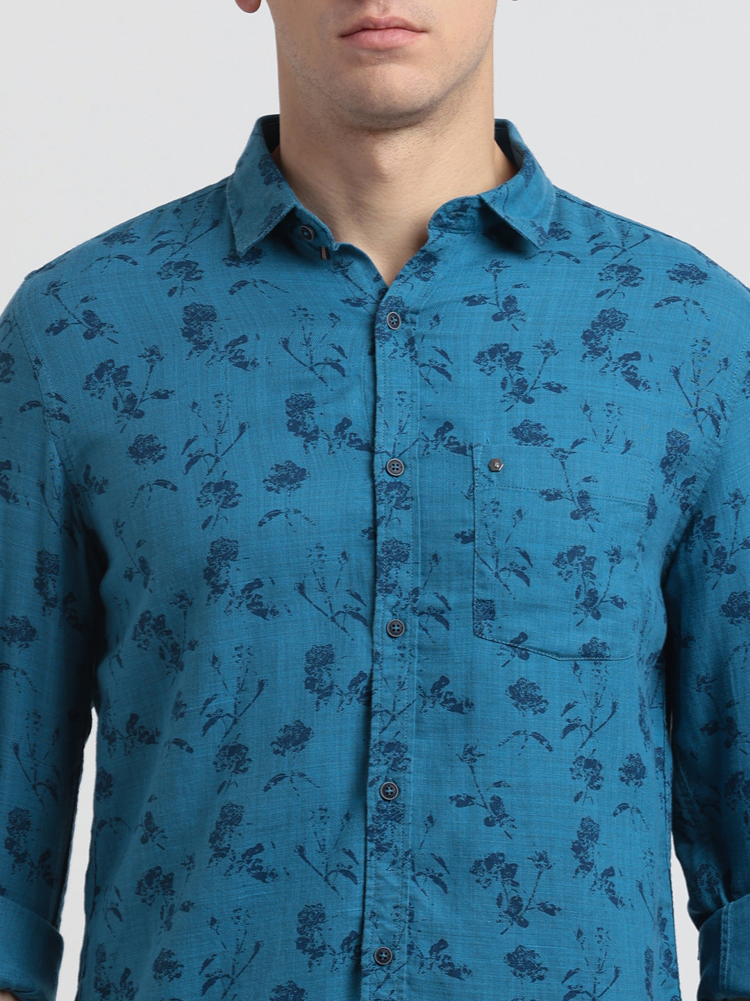 Cotton Lyocell Blue Printed Slim Fit Full Sleeve Casual Shirt