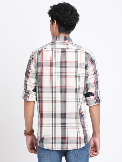 100% Cotton White Checkered Slim Fit Full Sleeve Casual Shirt