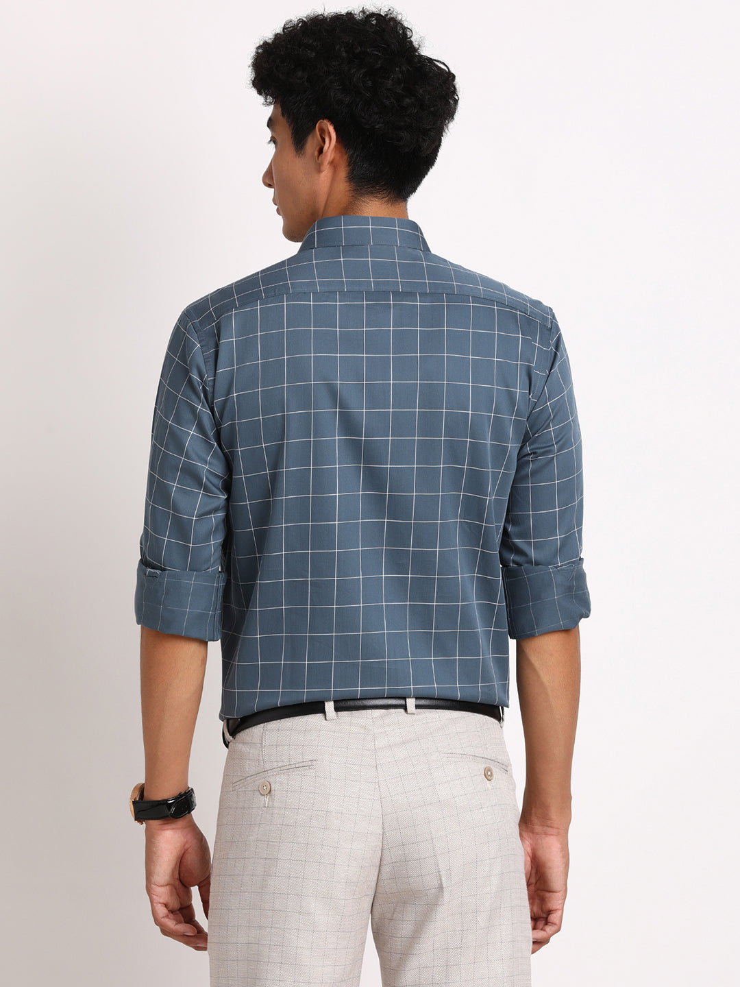 100% Cotton Dark Grey Checkered Slim Fit Full Sleeve Formal Shirt