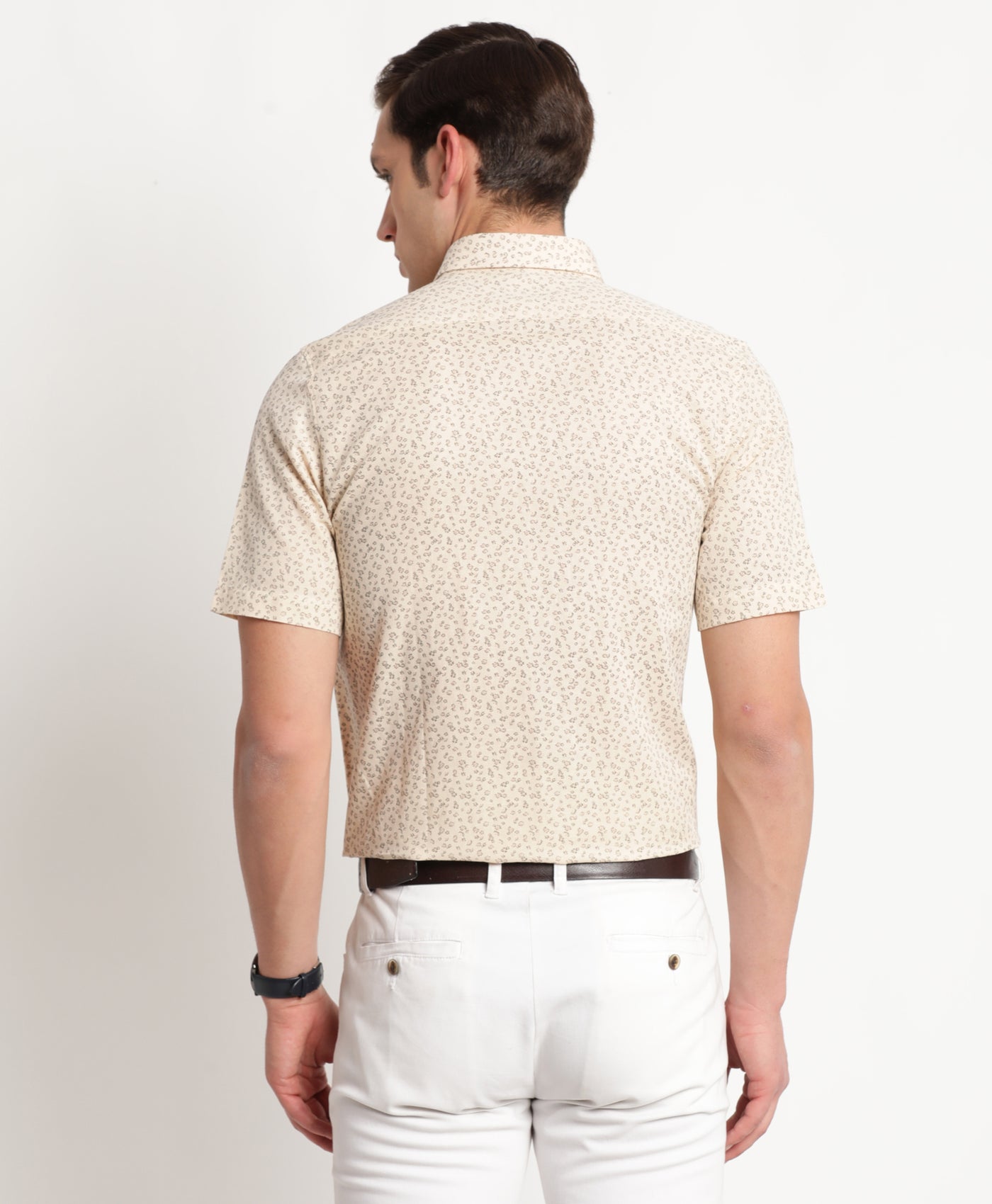 Cotton Linen Beige Printed Regular Fit Half Sleeve Formal Shirt