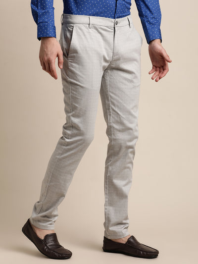 Cotton Stretch Grey Printed Narrow Fit Flat Front Casual Trouser