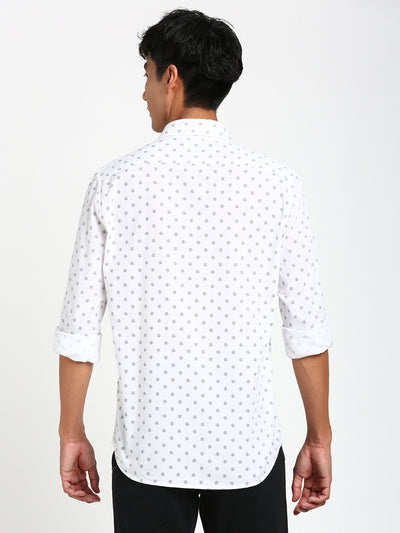 100% Cotton White Printed Slim Fit Full Sleeve Casual Shirt