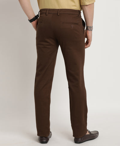 Cotton Stretch Brown Dobby Ultra Slim Fit Flat Front Casual Trouser