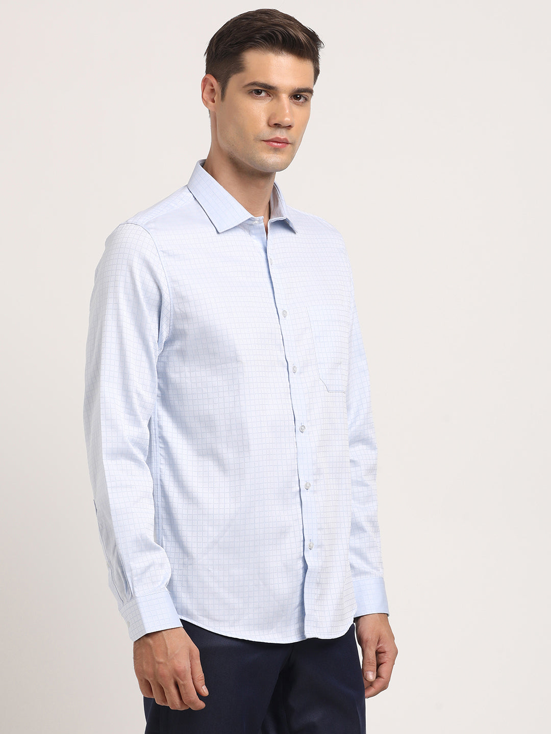 100% Cotton Light Blue Checkered Slim Fit Full Sleeve Formal Shirt