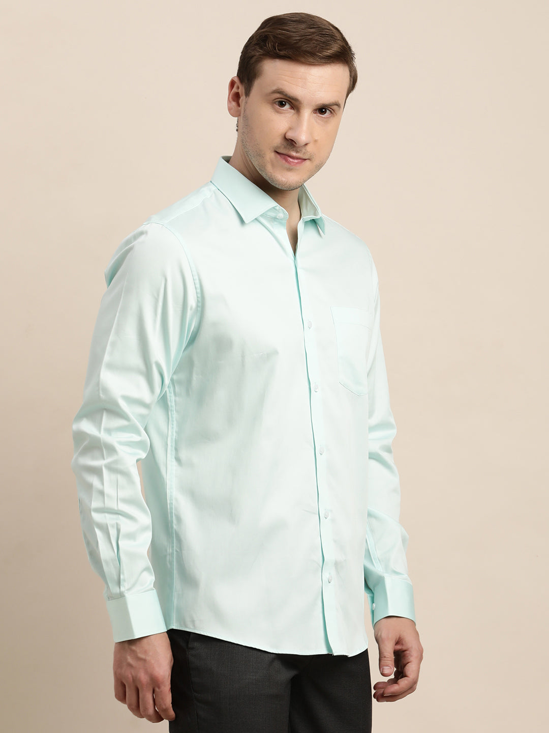 100% Cotton Light Green Plain Slim Fit Full Sleeve Formal Shirt