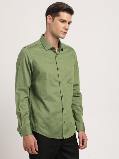 100% Cotton Olive Dobby Slim Fit Full Sleeve Formal Shirt