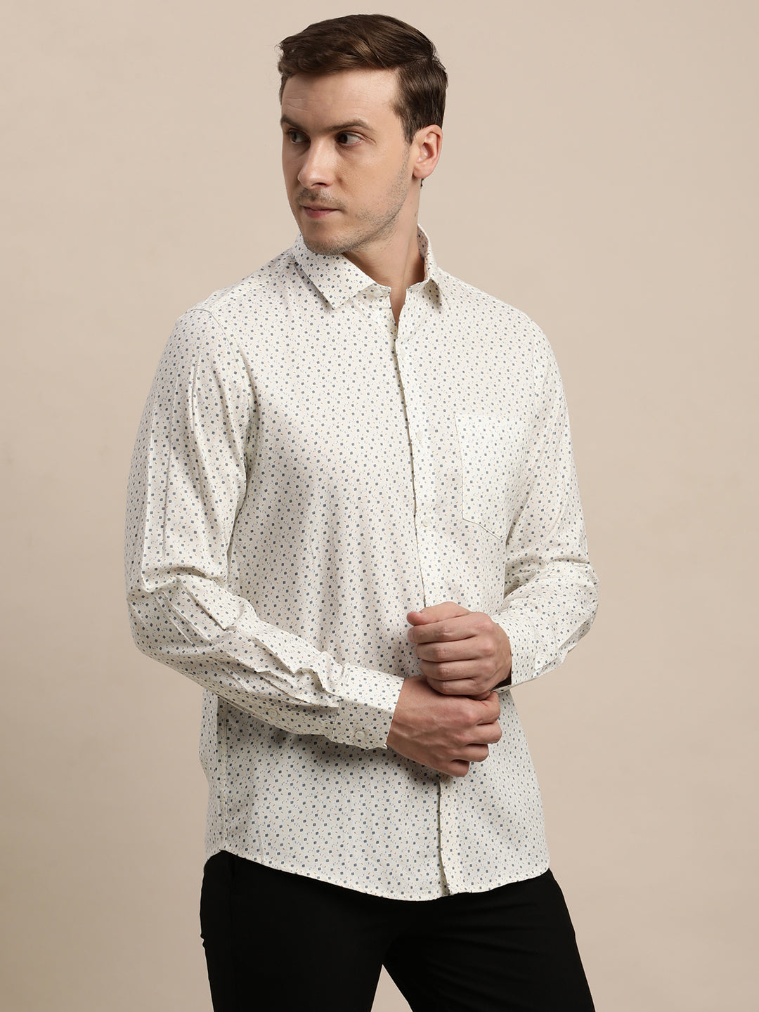 100% Cotton Cream Printed Slim Fit Full Sleeve Formal Shirt