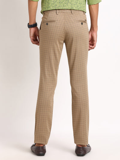 Cotton Stretch Khaki Checkered Narrow Fit Flat Front Casual Trouser