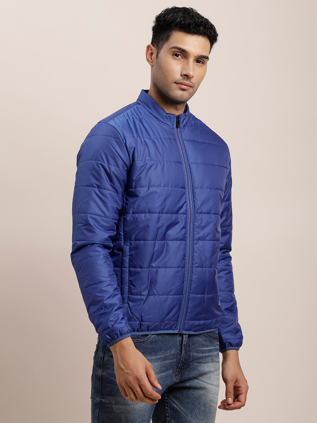 Nylon Solid Blue Zipper Windcheater Jacket