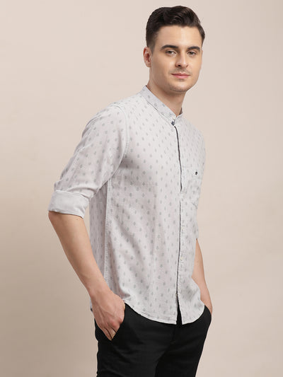 Cotton Linen Grey Printed Slim Fit Mandarin Collar Casual Shirt