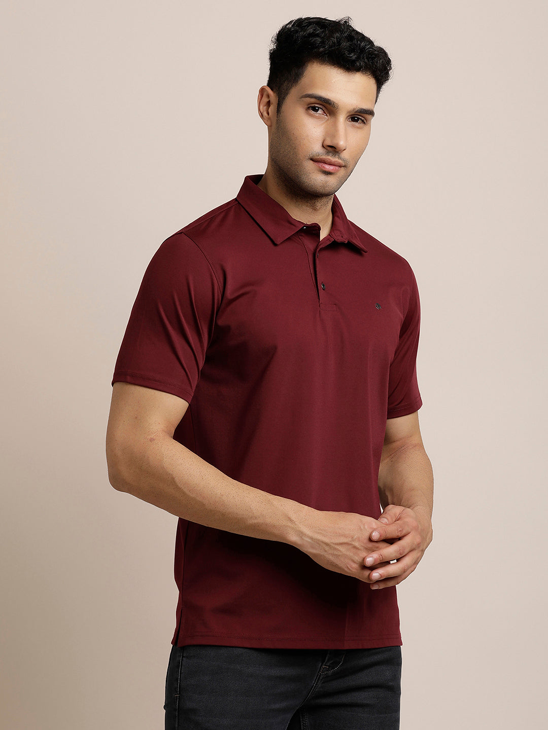 Cotton Plain Maroon Polo Neck T-Shirt