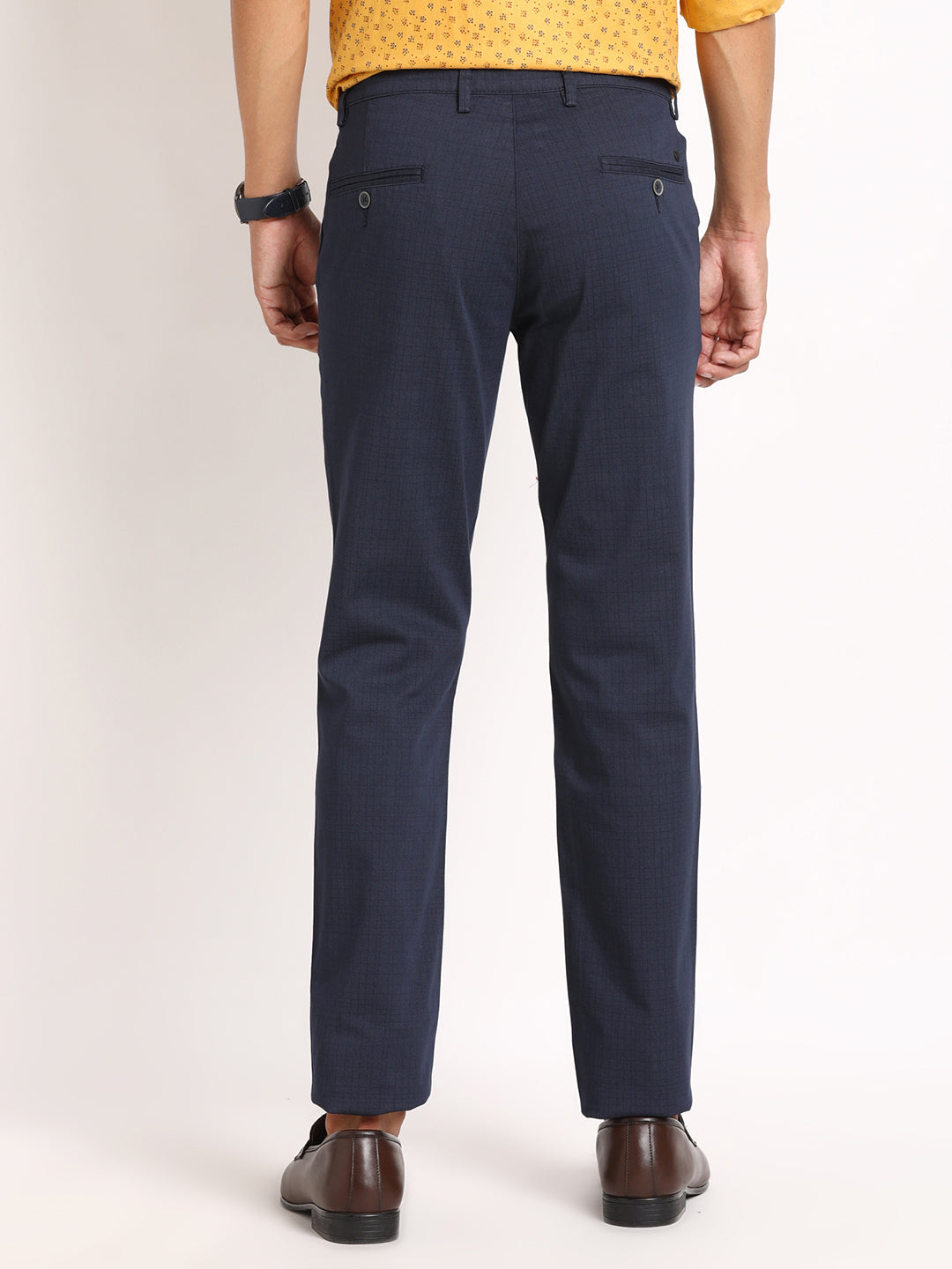 Cotton Stretch Navy Checkered Ultra Slim Fit Flat Front Casual Trouser