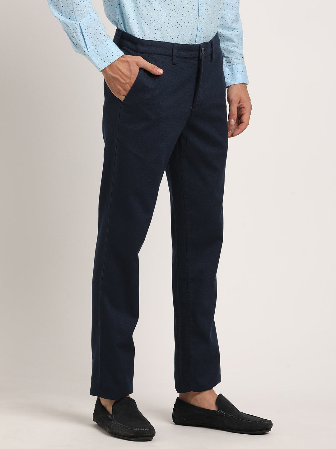 Cotton Stretch Navy Blue Dobby Ultra Slim Fit Flat Front Casual Trouser