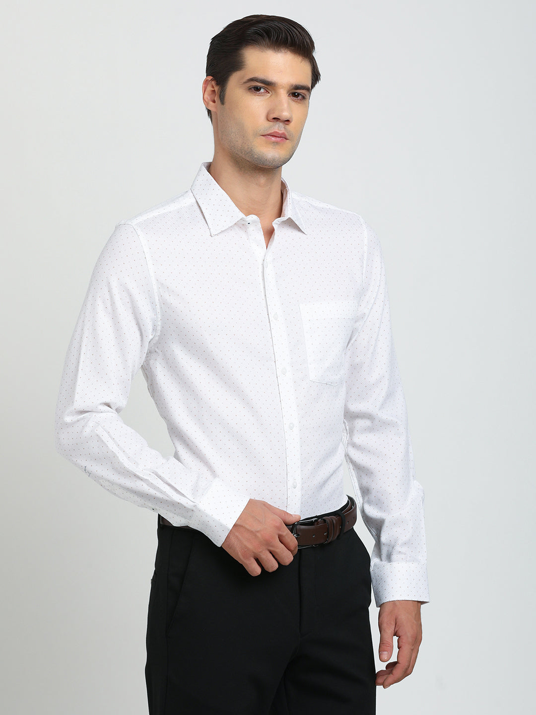 100% Cotton Cream Printed Slim Fit Full Sleeve Formal Shirt