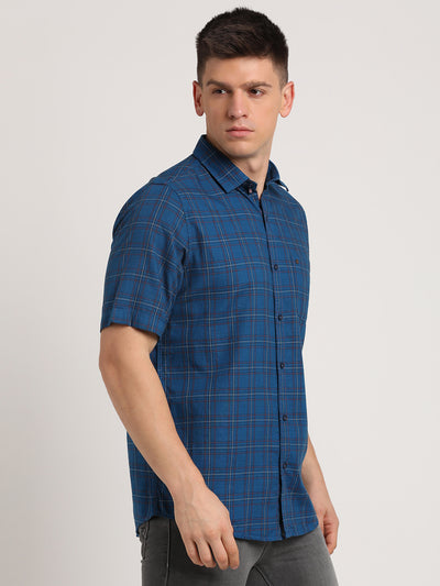 100% Cotton Blue Checkered Slim Fit Half Sleeve Casual Shirt