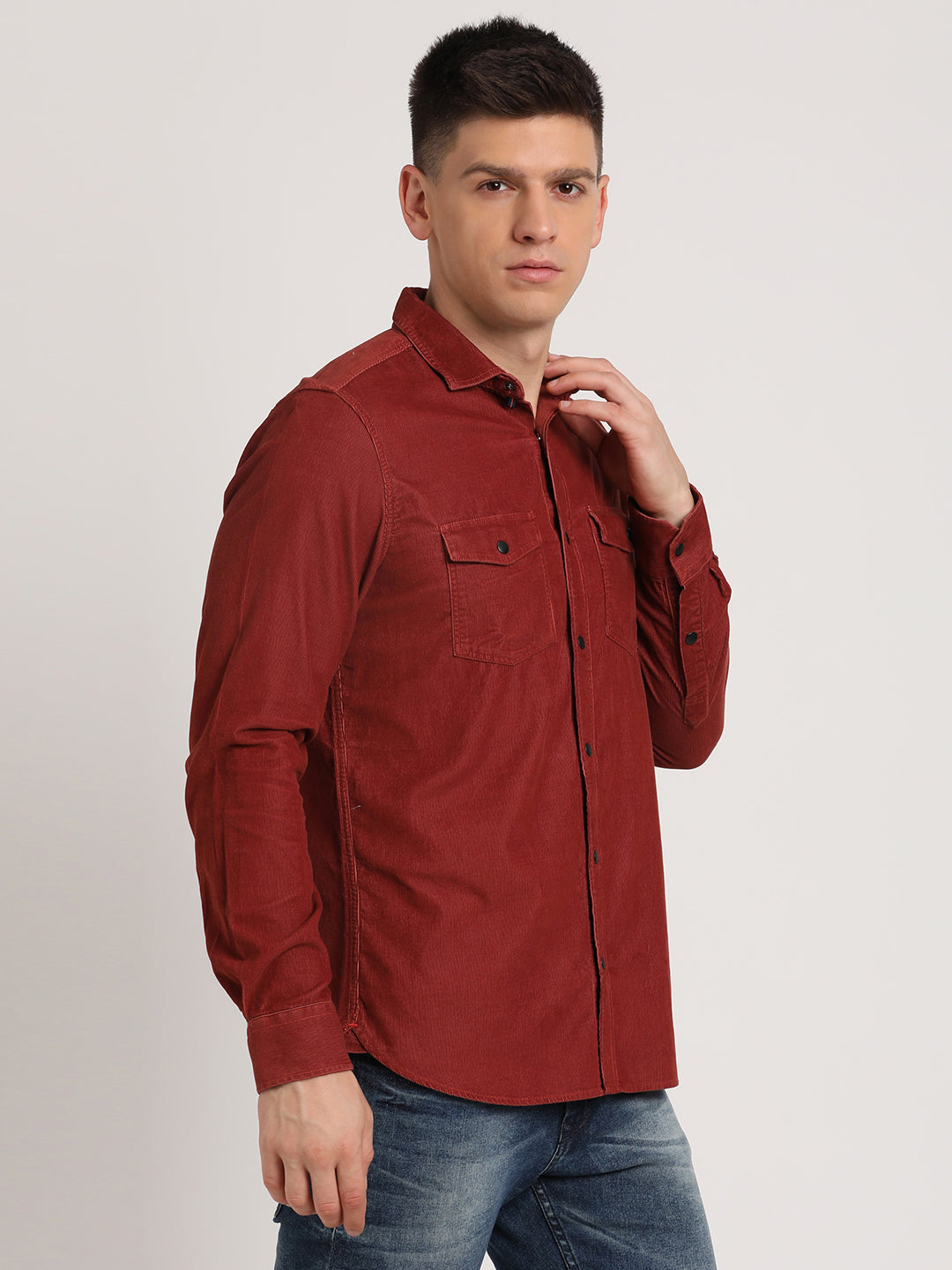 100% Cotton Red Plain Slim Fit Full Sleeve Casual Shirt