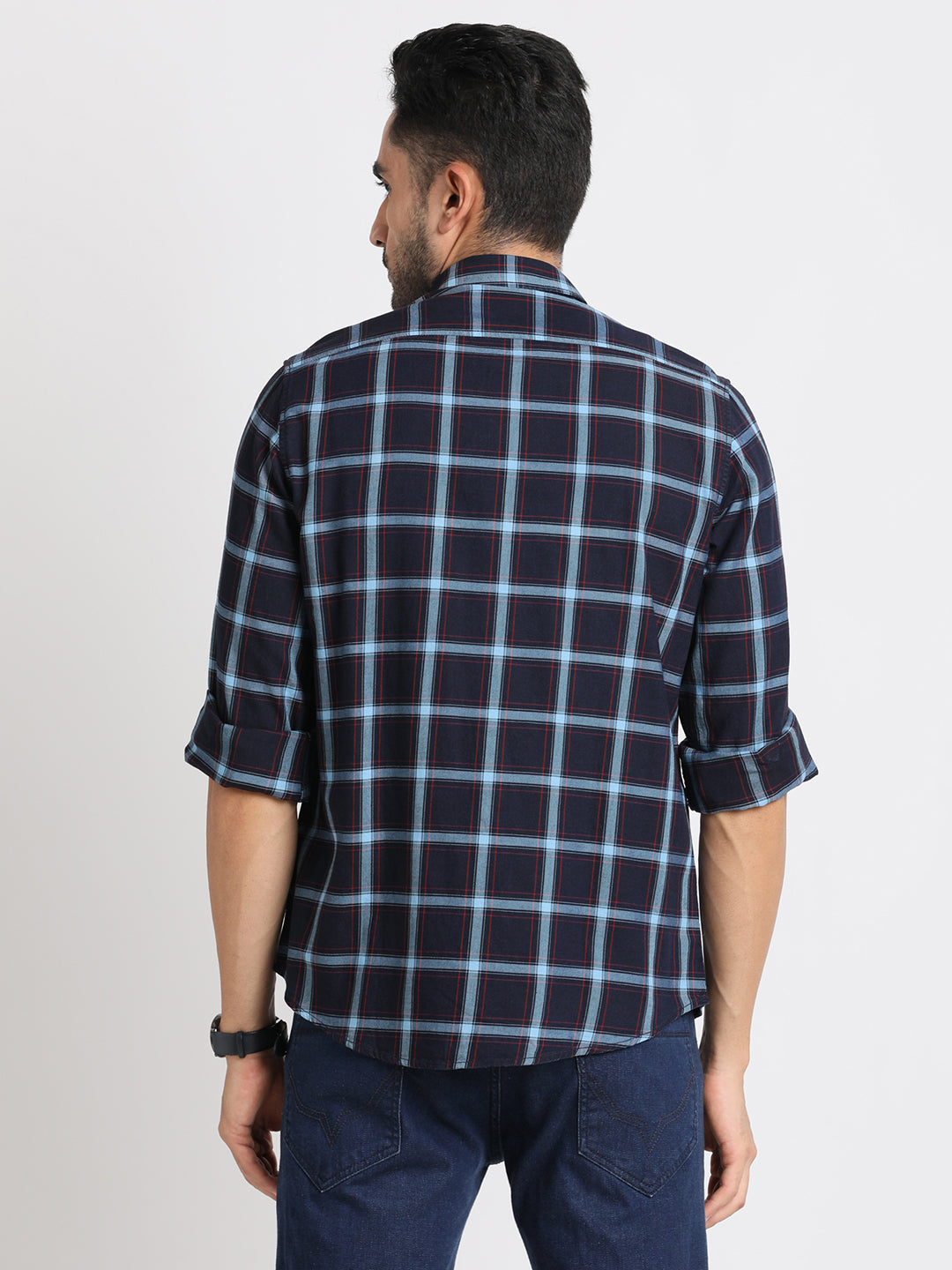 100% Cotton Indigo Navy Blue Checkered Slim Fit Full Sleeve Casual Shirt