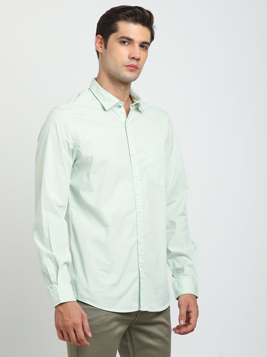 Cotton Stretch Pista Green Plain Slim Fit Full Sleeve Casual Shirt