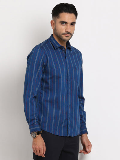 100% Cotton Blue Striped Slim Fit Full Sleeve Casual Shirt