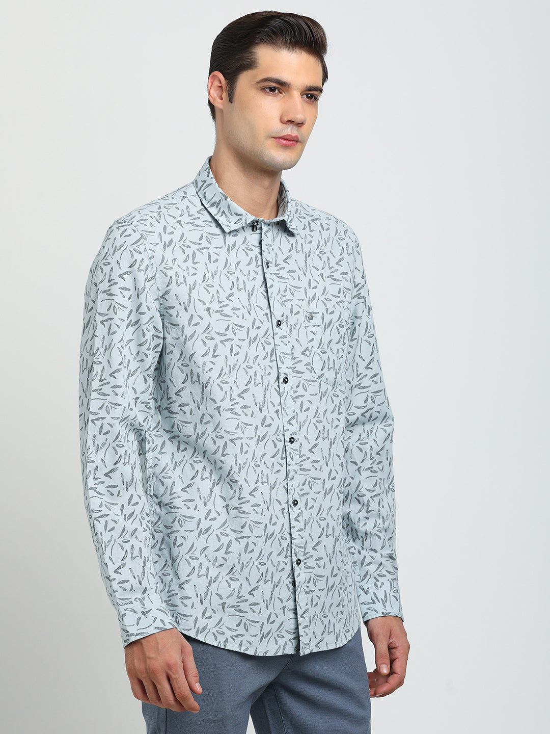 Cotton Linen Sky Blue Printed Slim Fit Full Sleeve Casual Shirt