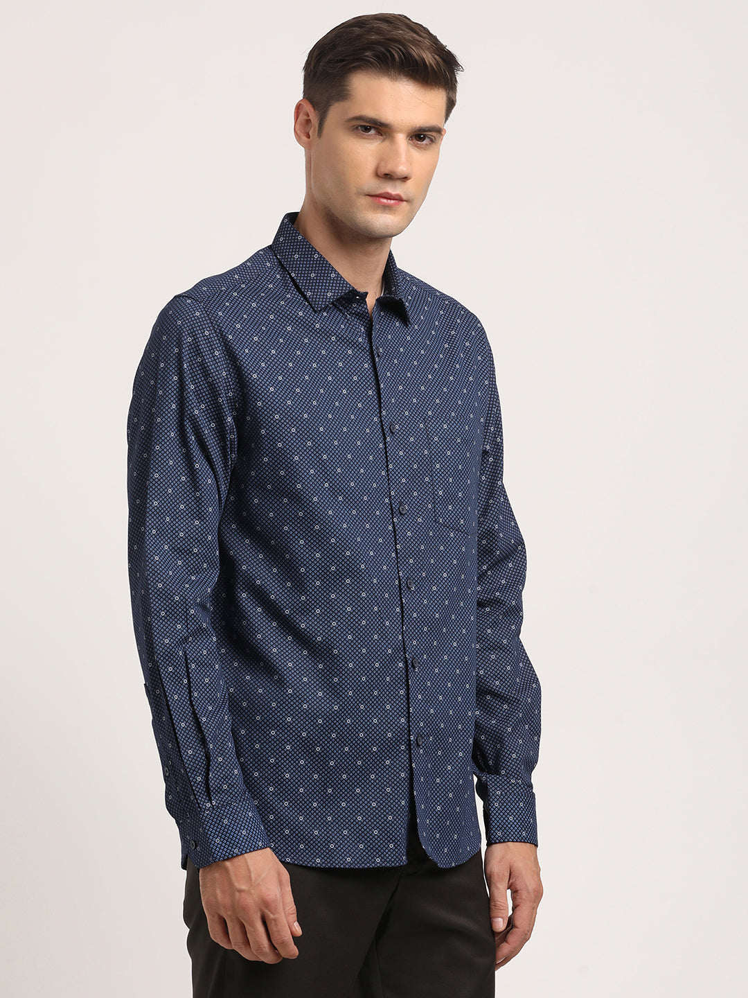 100% Cotton Blue Printed Slim Fit Full Sleeve Formal Shirt