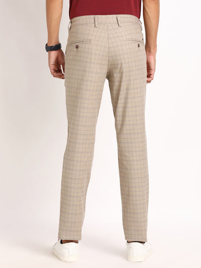 Cotton Stretch Beige Checkered Narrow Fit Flat Front Casual Trouser