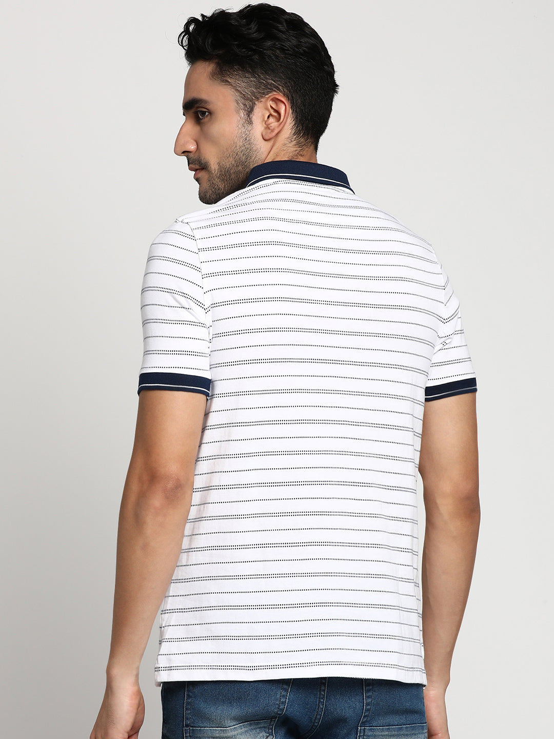 100% Cotton White Striped Polo Neck Half Sleeve Casual T-Shirt