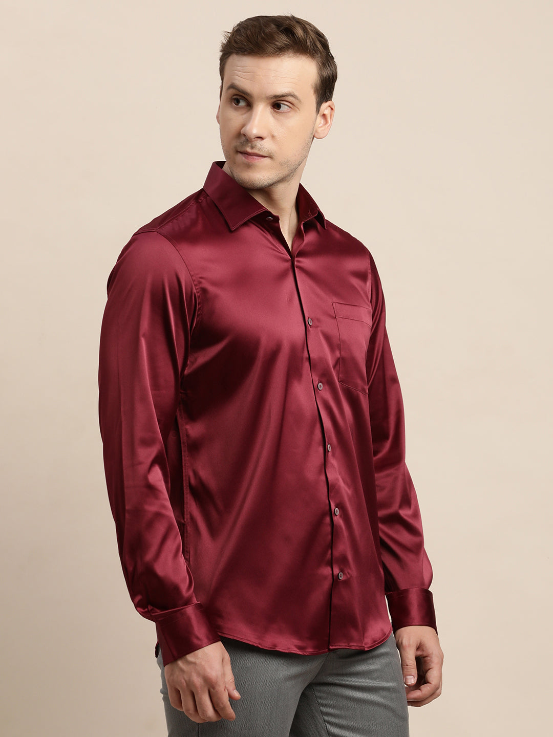 Poly Satin Maroon Plain Slim Fit Full Sleeve Ceremonial Shirt