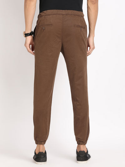 Cotton Stretch Brown Plain Jogger Flat Front Casual Trouser