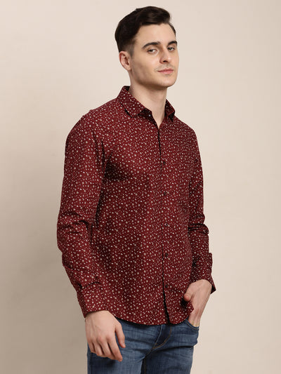 100% Cotton Maroon Printed Slim Fit Full Sleeve Formal Shirt