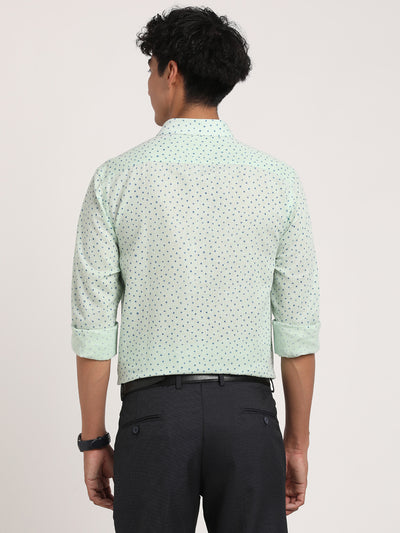 Cotton Linen Green Printed Slim Fit Full Sleeve Formal Shirt