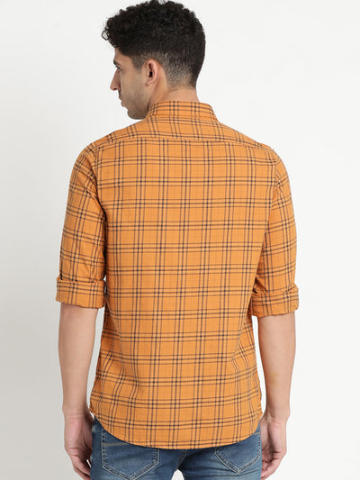 100% Cotton Orange Checkered Slim Fit Full Sleeve Casual Shirt