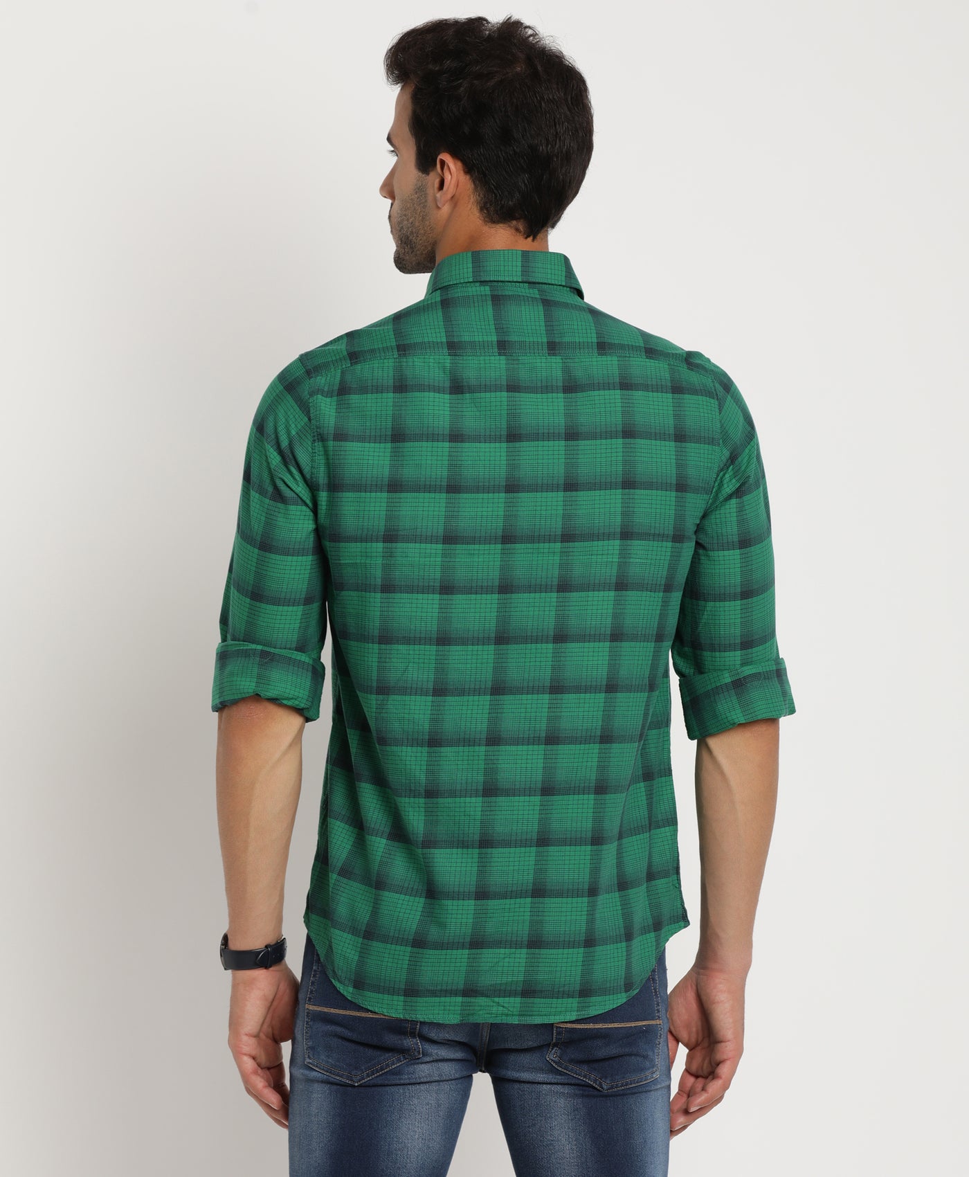 100% Cotton Green Checkered Slim Fit Full Sleeve Casual Shirt