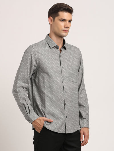 Cotton Melange Grey Printed Slim Fit Full Sleeve Formal Shirt