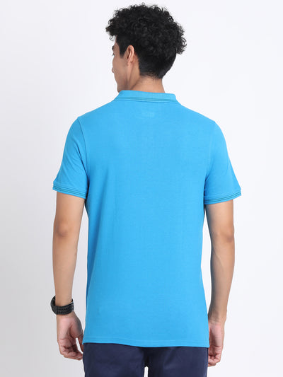 Poly Cotton Blue Plain Polo Neck Half Sleeve Casual Essential T-Shirt