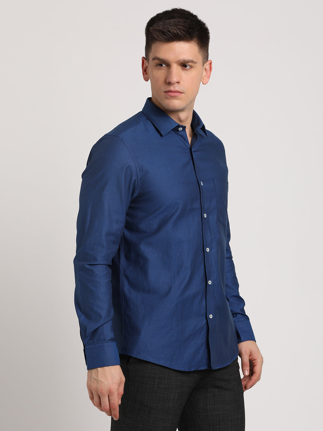 100% Cotton Indigo Blue Dobby Slim Fit Full Sleeve Formal Shirt