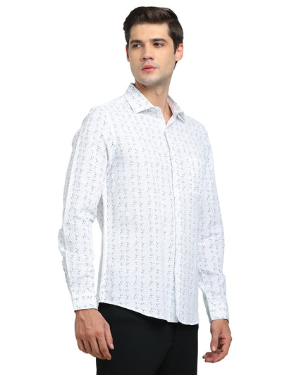 Cotton Linen White Printed Slim Fit Full Sleeve Formal Shirt