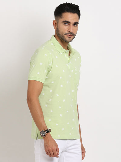 Knitted Light Green Printed Polo Neck Half Sleeve Casual T-Shirt
