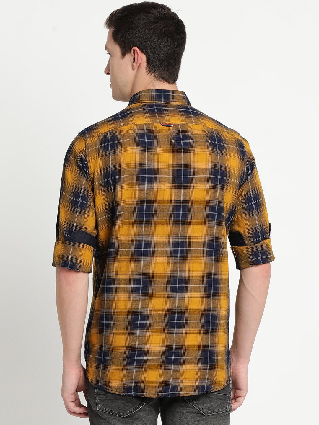 100% Cotton Yellow Checkered Slim Fit Full Sleeve Casual Shirt