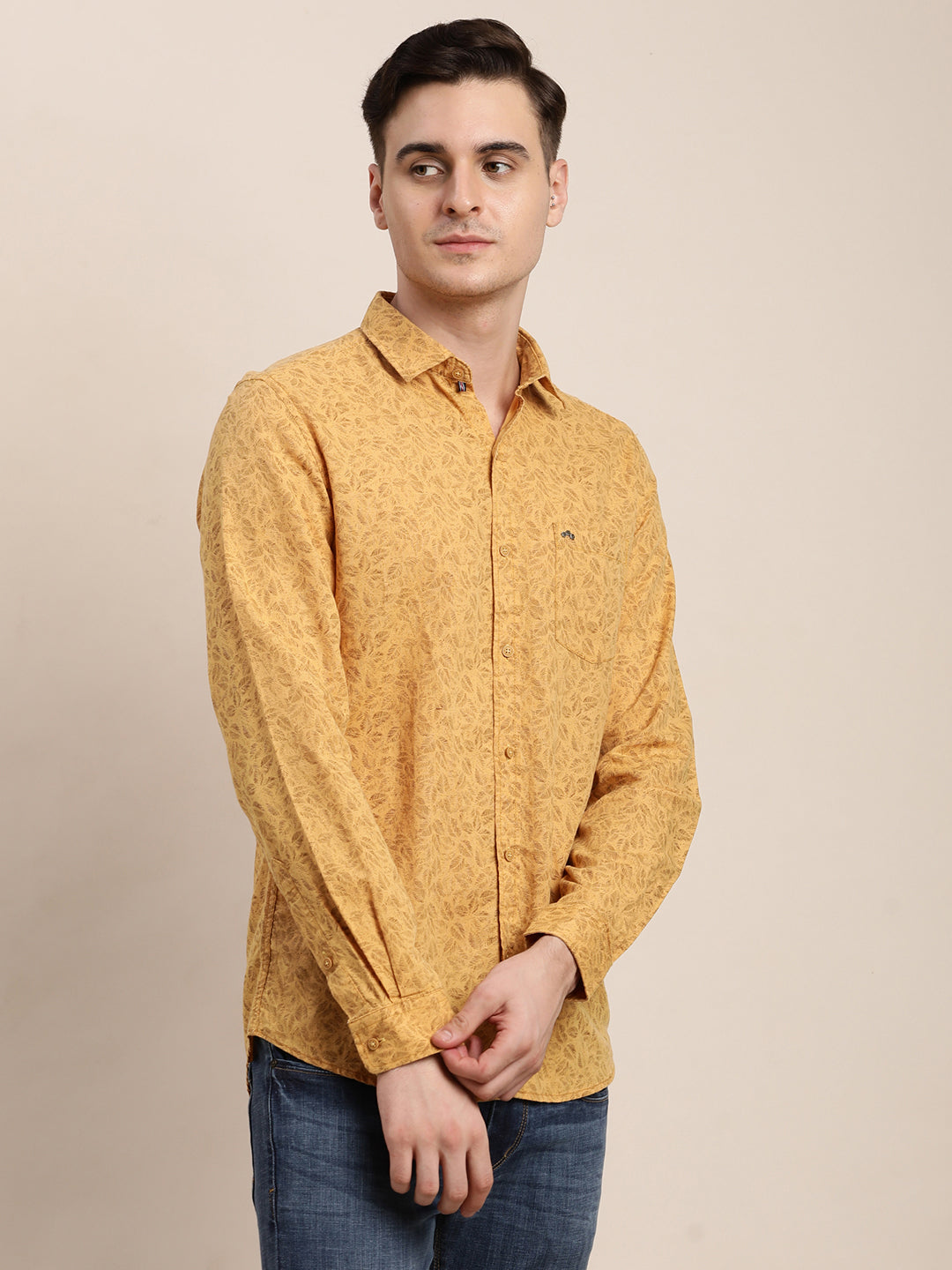 Cotton Linen Yellow Printed Slim Fit Full Sleeve Casual Shirt