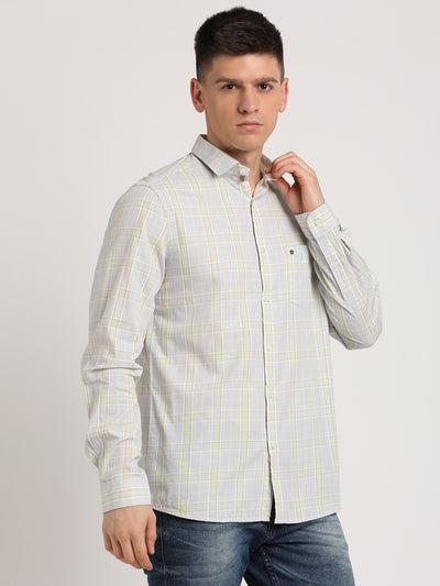 100% Cotton Grey Checkered Slim Fit Full Sleeve Casual Shirt