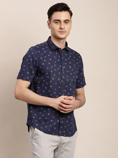 100% Cotton Blue Printed Slim Fit Half Sleeve Casual Shirt