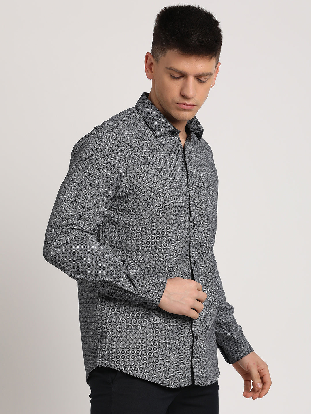 Cotton Tencel Grey Printed Slim Fit Full Sleeve Formal Shirt