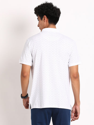 Knitted White Printed Polo Neck Half Sleeve Casual T-Shirt